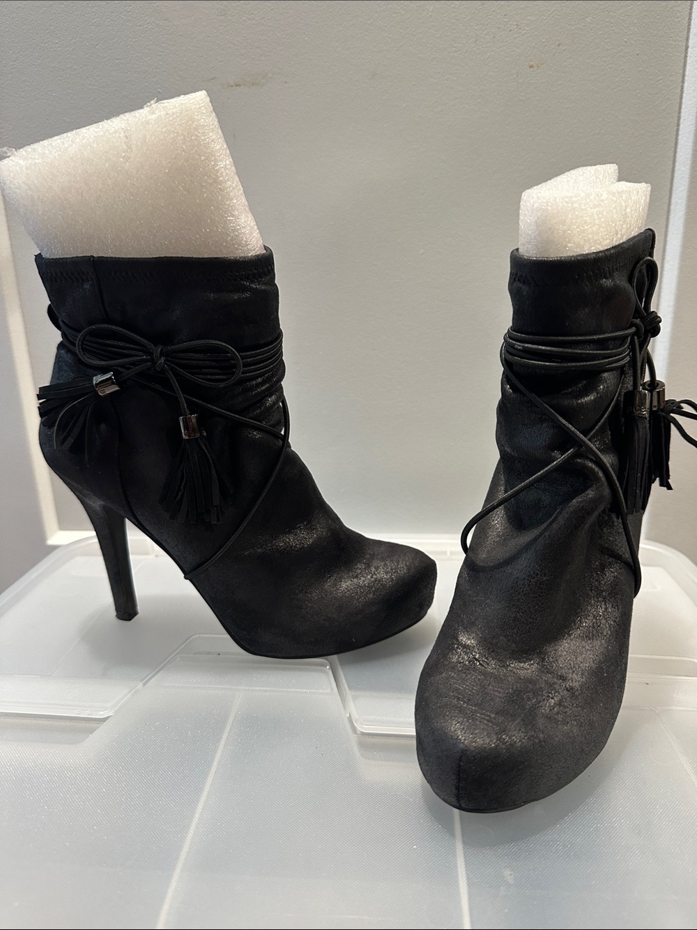 BCBGeneration Black Sueded Shimmer Strappy Heeled Booties